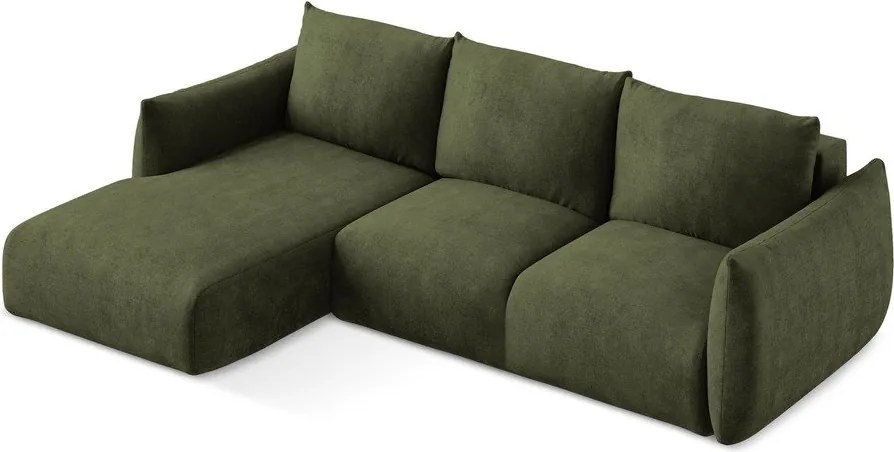 Divano angolare verde allungabile (con penisola a sinistra/con chaise lounge) con rivestimento in ciniglia Leila – Makamii