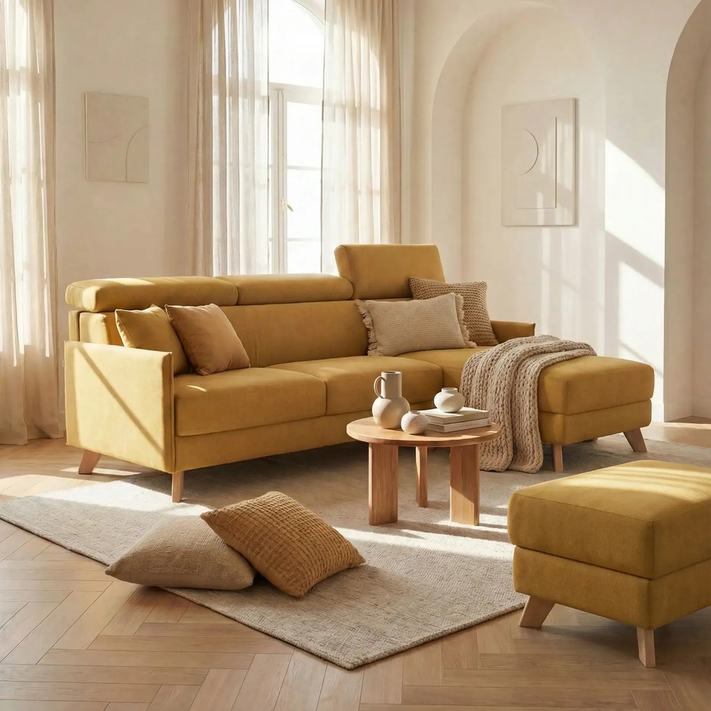 Sole Divano letto matrimoniale angolare con penisola contenitore e poggiatesta reclinabili - tessuto smacchiabile T23