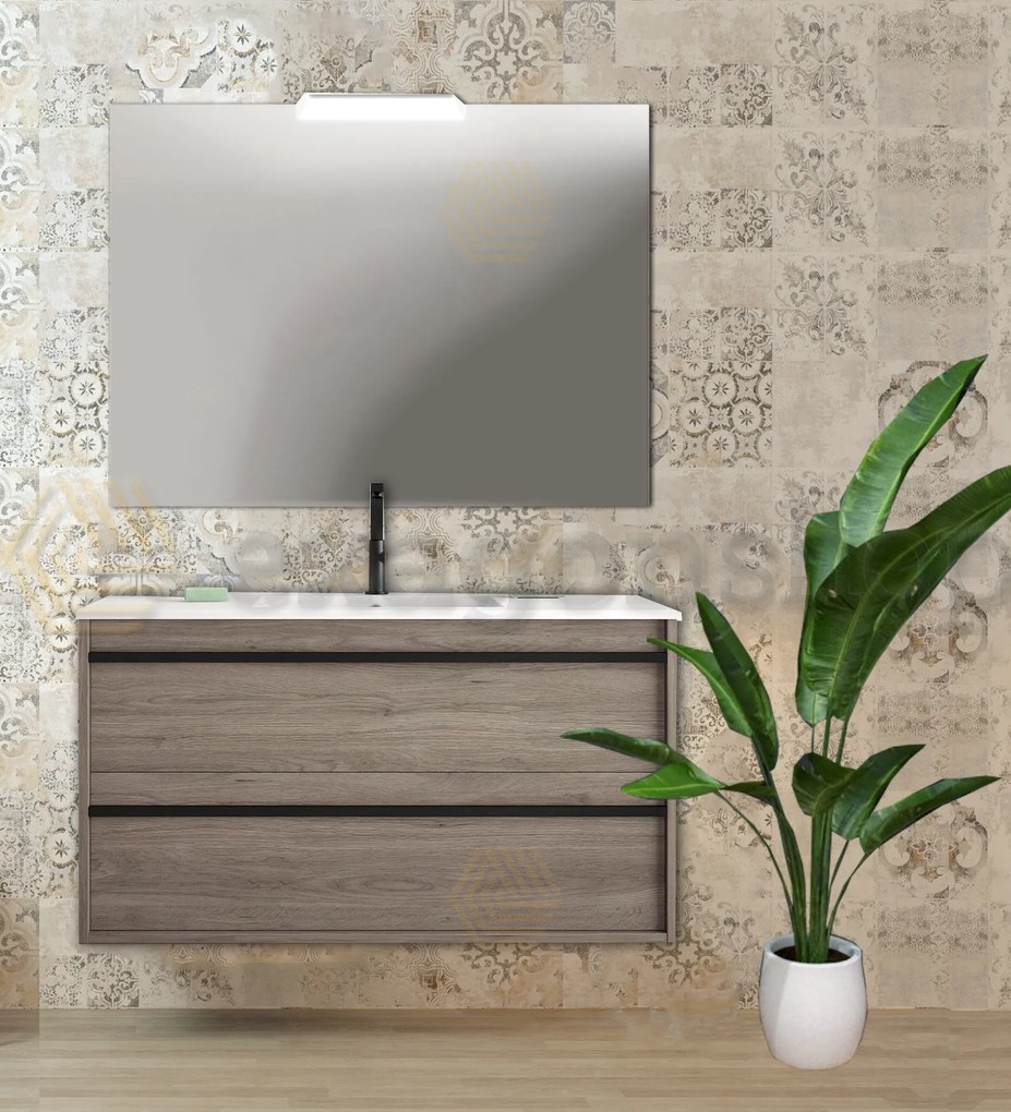 Mobile Bagno Rovere Scuro 100x45 Firenze Due Cassetti Con Lavabo In Porcellana Specchio E Lampada Led