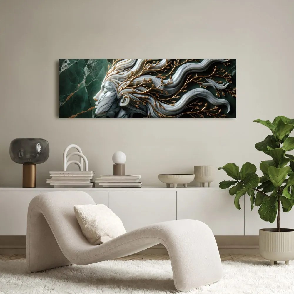 Quadro su tela – Donna unita alla natura con foglie dorate
