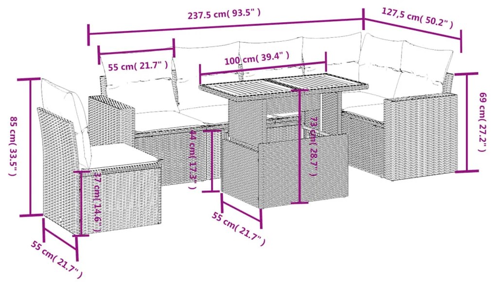 Set divani da giardino 7 pz con cuscini beige in polyrattan