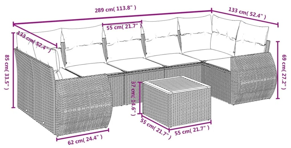 Set divani da giardino con cuscini 8 pz nero in polyrattan