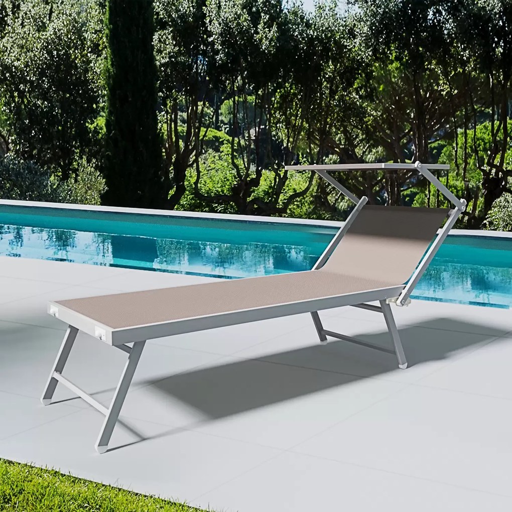 Lettino Tortora Prendisole Pieghevole Professionale In Alluminio E Tessuto Textilene Tettuccio Orientabile Tettino Parasole Sdraio Prendi Sole Mare Spiaggia Piscina Giardino 182 x 60 x 38 cm