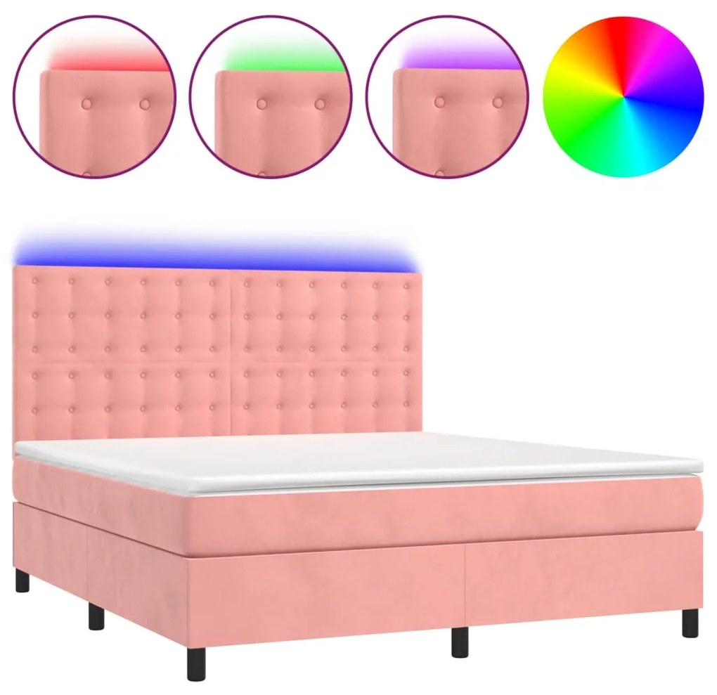 Letto a molle con materasso e led rosa 160x200 cm in velluto