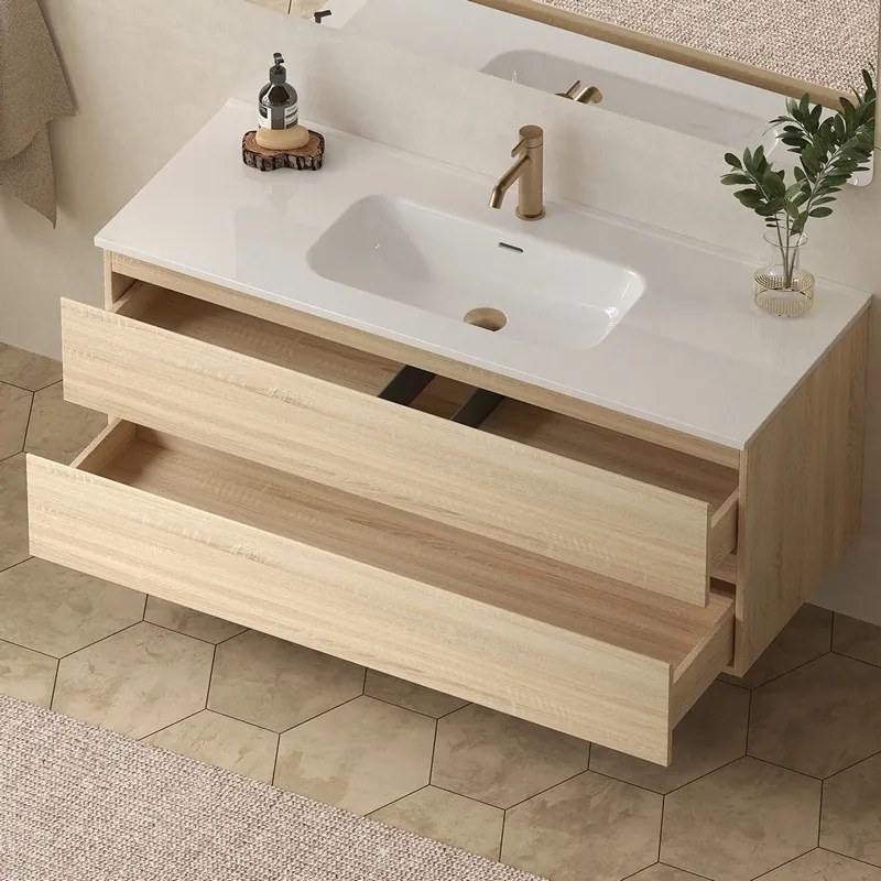 Mobile bagno 120 cm due cassetti lavabo integrato legno chiaro | KAM-HR120 - KAMALU
