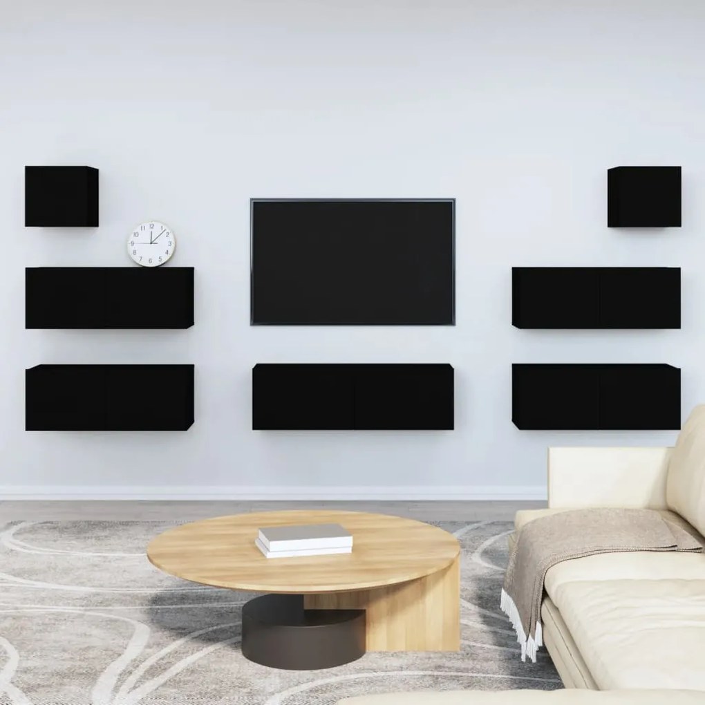 Set Di Mobili Porta Tv 7 Pz Nero İn Legno Multistrato /