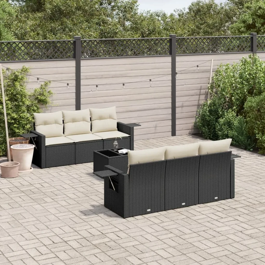 Set divani da giardino con cuscini 7pz nero polyrattan