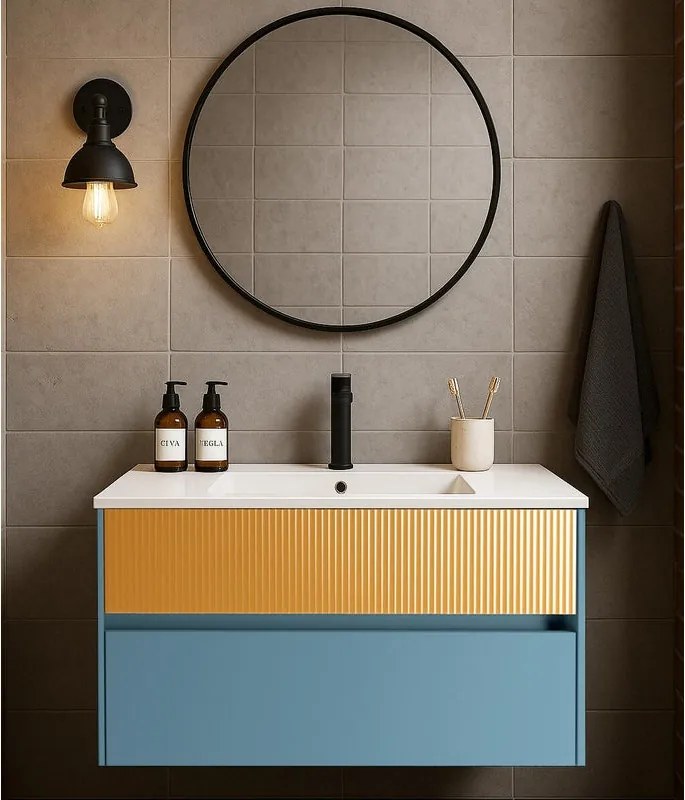 Mobile da bagno sospeso sotto lavabo Niwa 2 cassetti L 89.5 x H 50 x P 45.5 cm blu pacifico e senape cannettato
