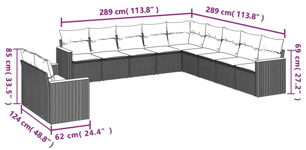 Set Divani da Giardino 11 pz con Cuscini in Polyrattan Nero