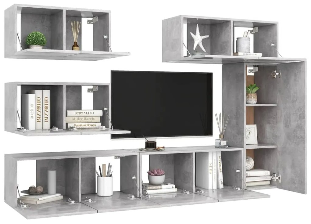 Set porta tv 6 pz grigio cemento in truciolato