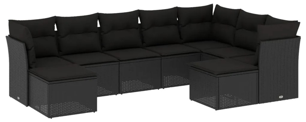 Set divani da giardino 9 pz con cuscini nero in polyrattan