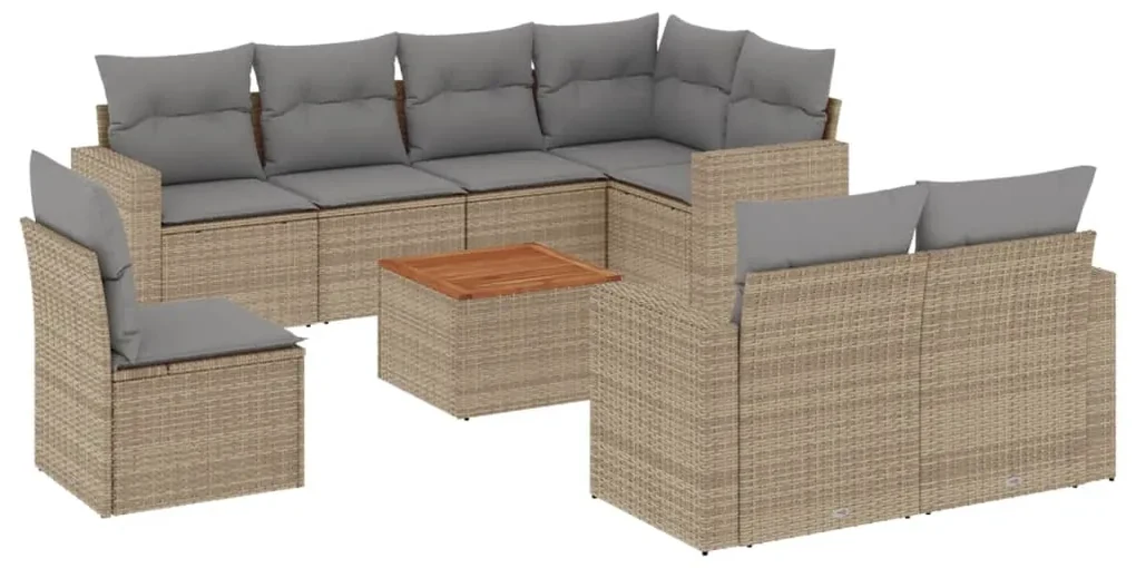 Set divano da giardino 9 pz con cuscini beige misto polyrattan