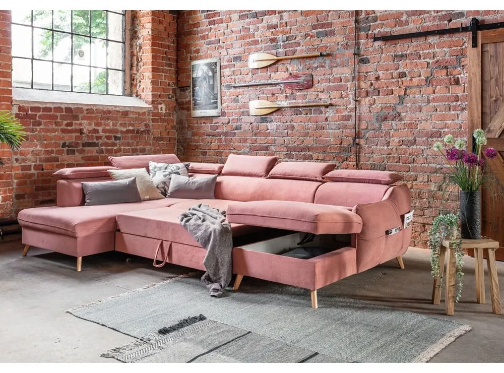 Divano letto angolare a U in velluto rosa chiaro (angolo sinistro) Sweet Harmony - Miuform