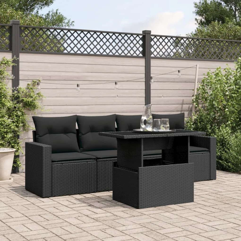 Set divani da giardino 5 pz con cuscini in polyrattan nero