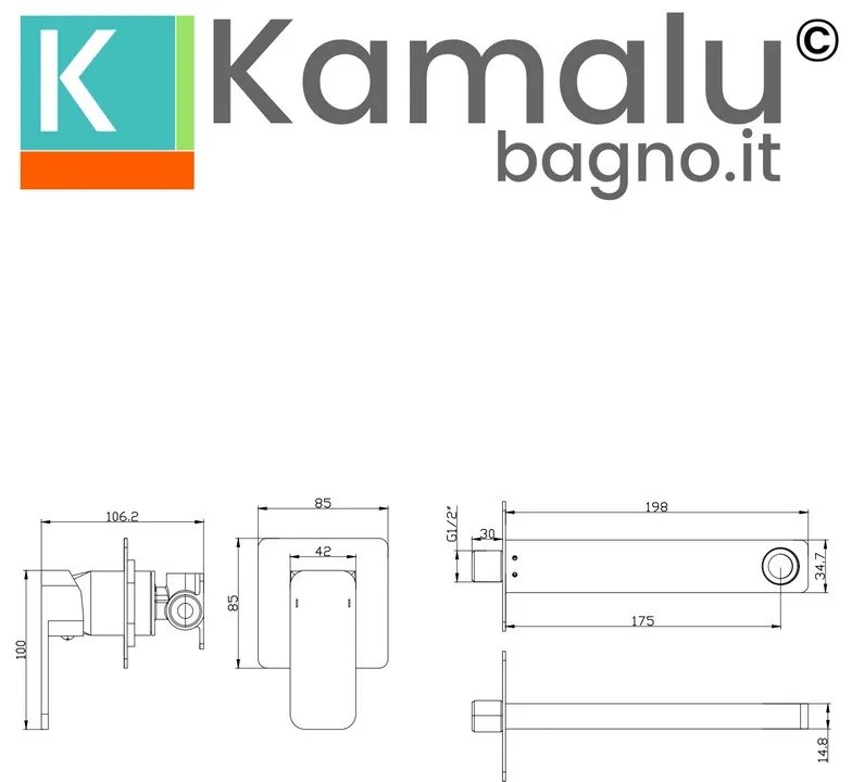 Kamalu - miscelatore lavabo da incasso linea squadrata in ottone | kam-diana