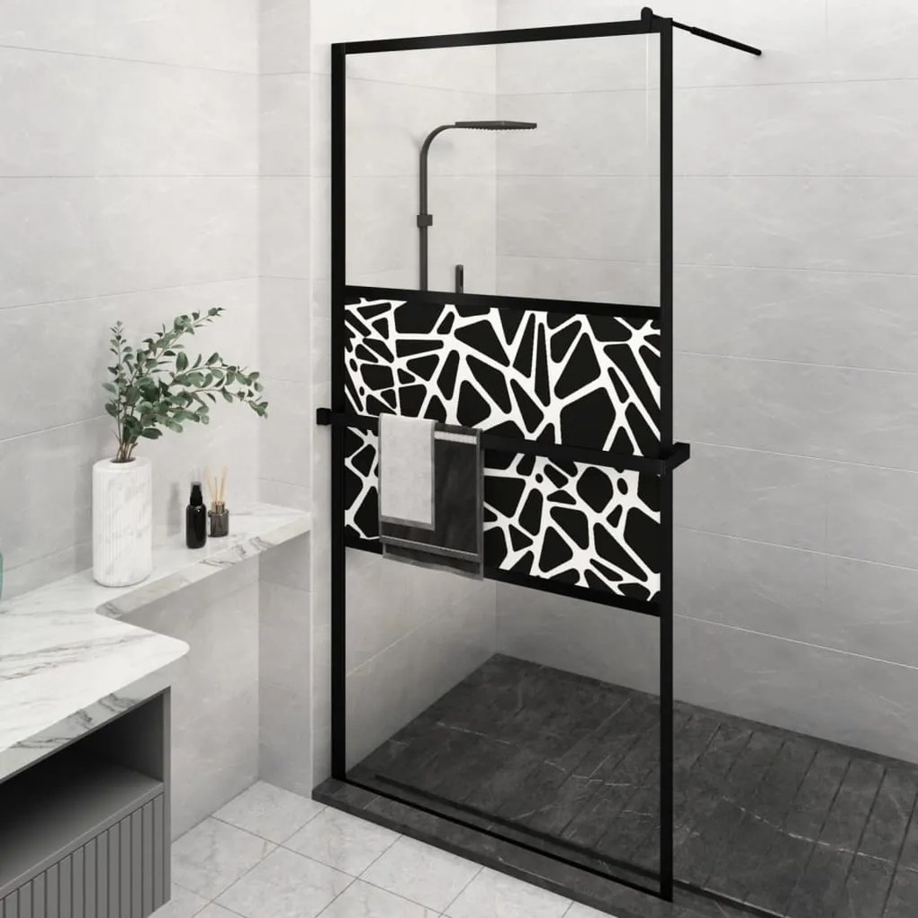 Parete Doccia Con Mensola Nera 115x195 Cm Vetro Esg E Alluminio /