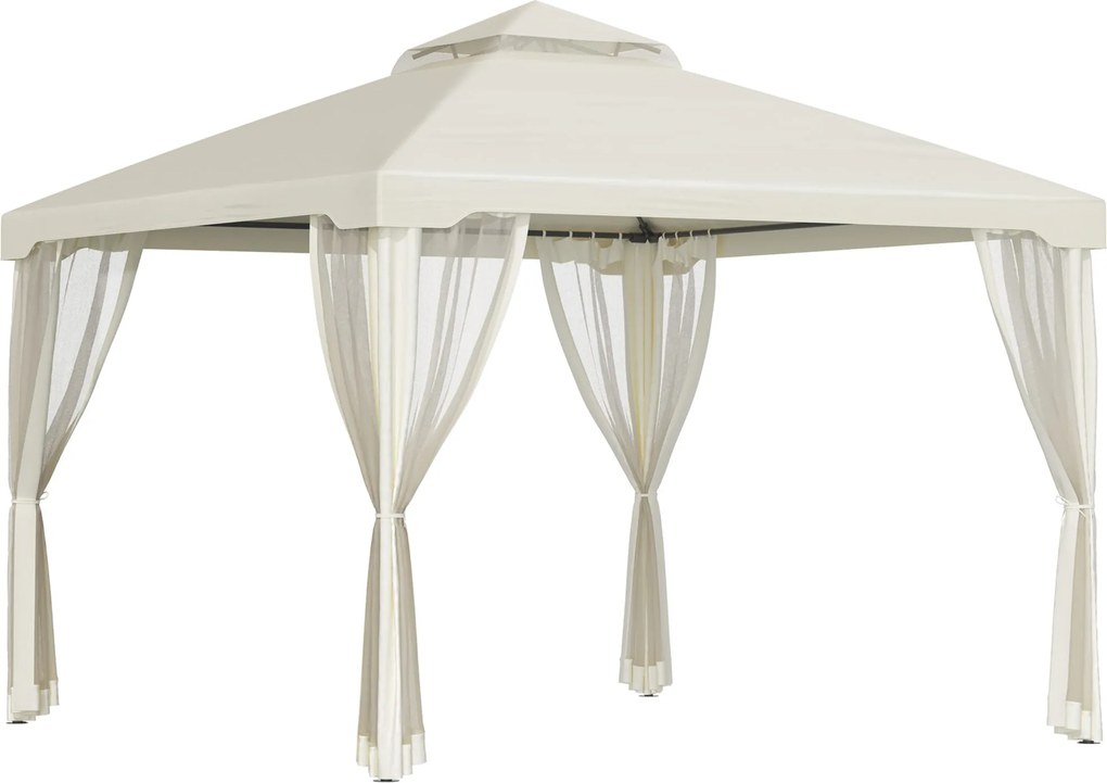 Gazebo da Giardino 2.95x2.95m in Metallo Doppio Tetto Zanzariera e Laterali Beige...