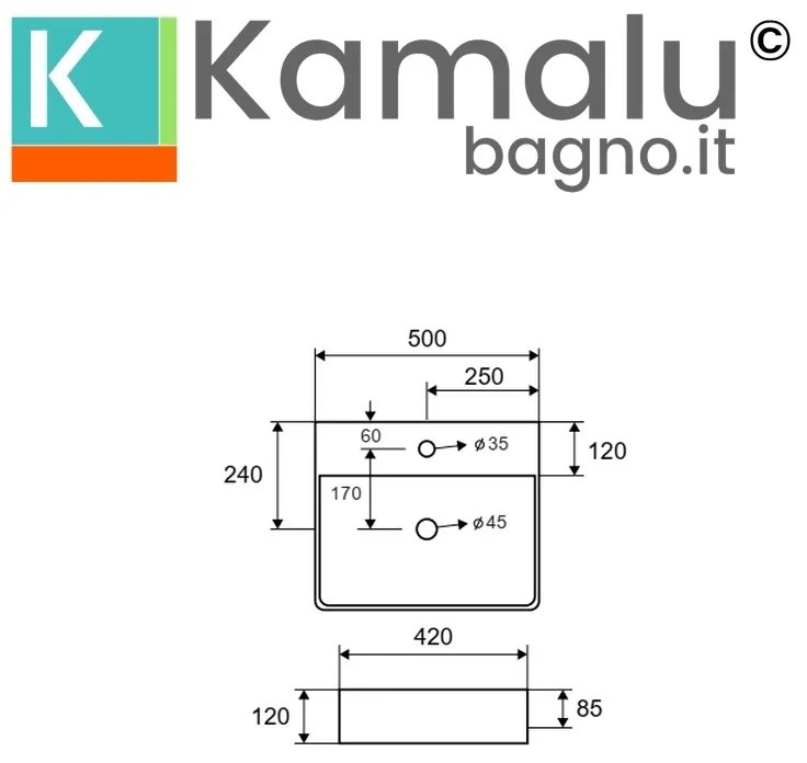 Kamalu - lavabo bagno da appoggio 50cm ceramica bianco lucido | litos-0006