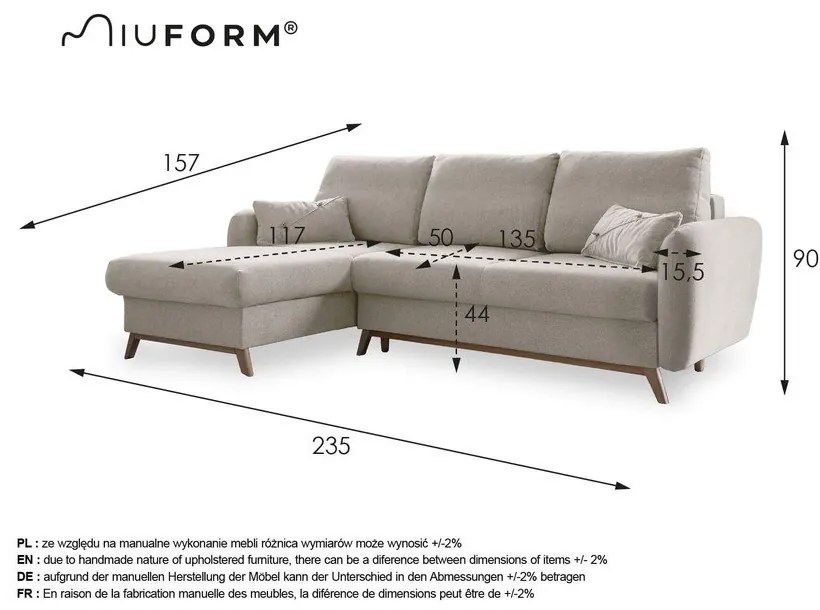 Divano letto angolare beige, angolo sinistro Scandic Lagom - Miuform