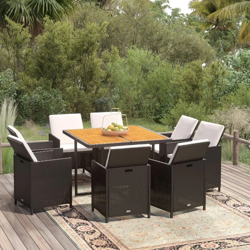 Set da Pranzo da Giardino 9 pz con Cuscini Nero in Polyrattan