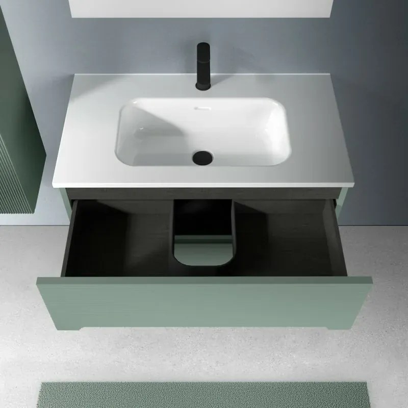 Mobile bagno sospeso 100 verde cannettato 2 cassetti lavabo e specchio Rigo