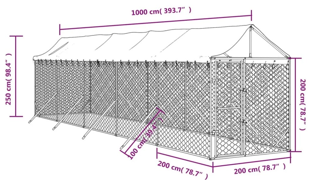 Cuccia cani da esterno tetto argento 2x10x2,5 m acciaio zincato