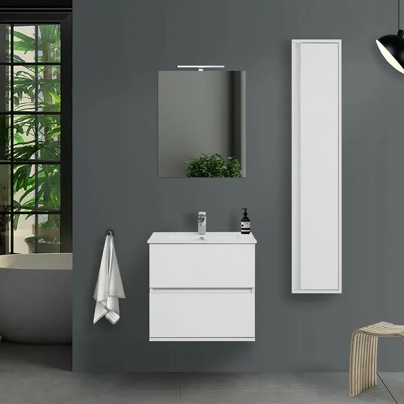 Mobile bagno sospeso 60 cm Duble bianco lucido con lavabo e specchio