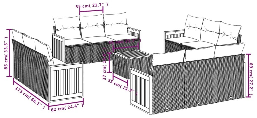 Set divani da giardino 13pz con cuscini nero in polyrattan