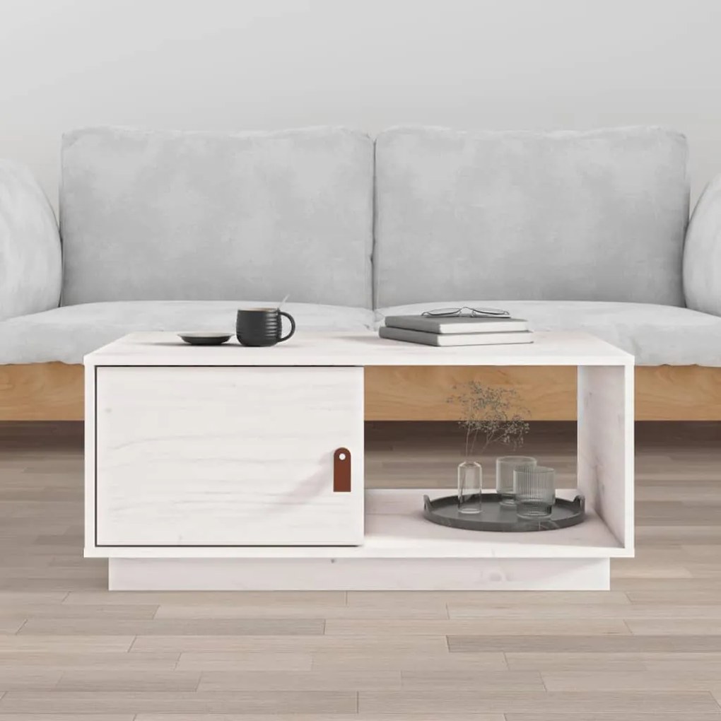 Tavolino Da Salotto Bianco 80x50x35,5 Cm Legno Massello Di Pino /