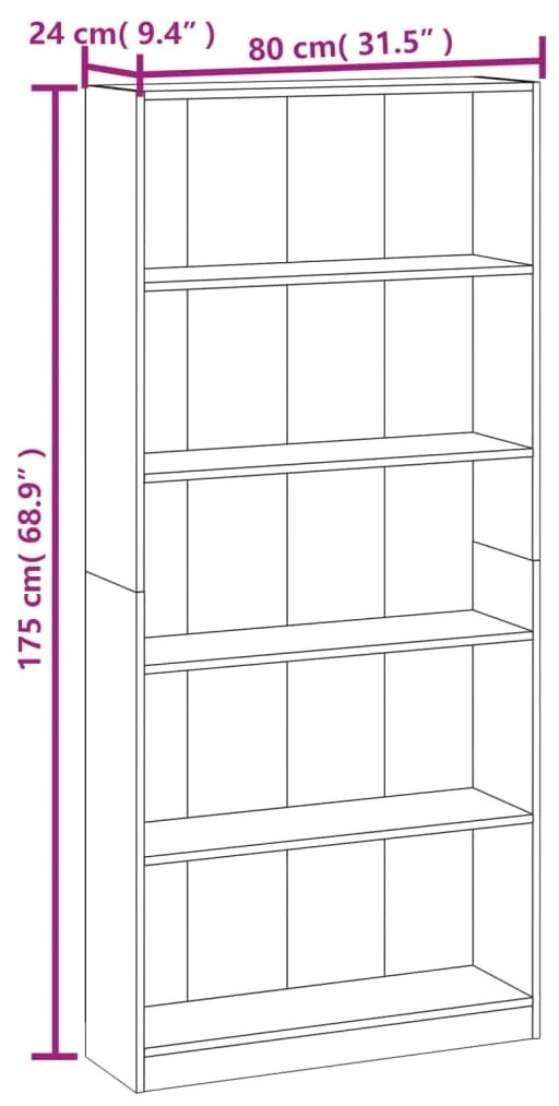 Libreria 5 Ripiani Grigio Sonoma 80x24x175 cm Legno Multistrato