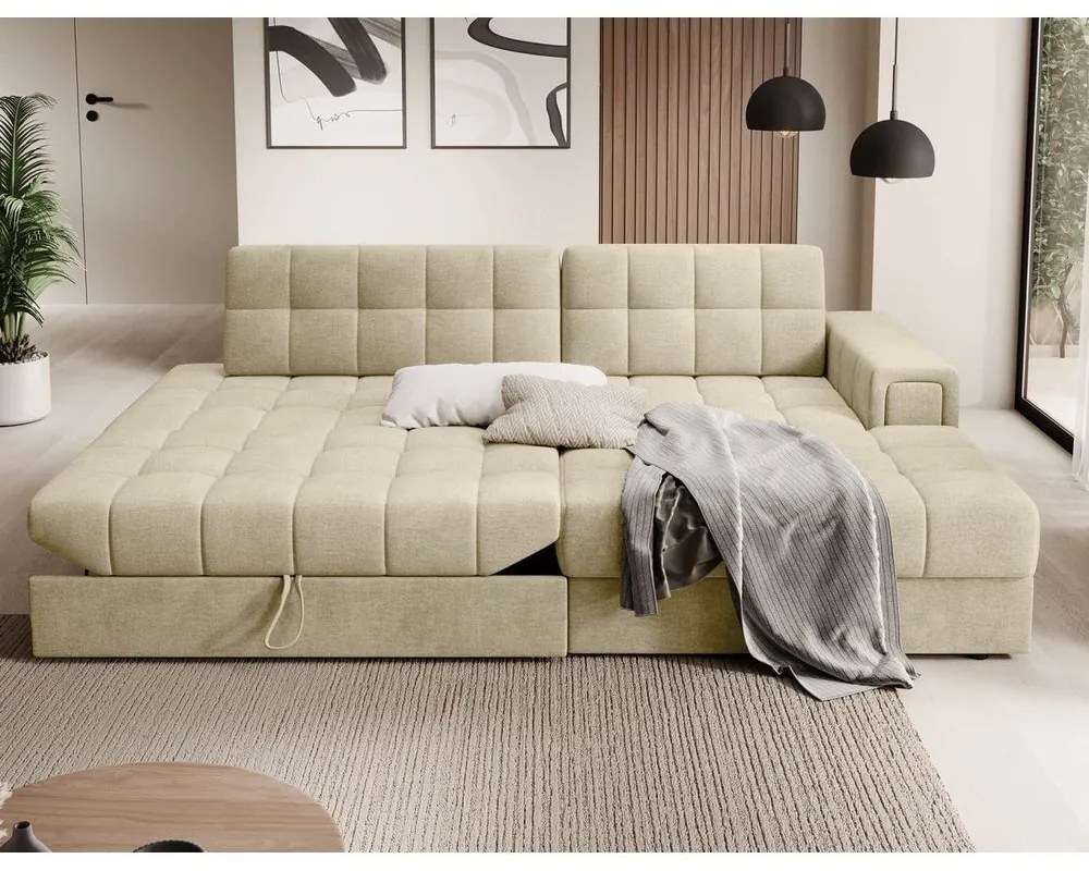 Divano angolare marrone chiaro allungabile (con penisola a destra/con chaise lounge) con rivestimento in velluto Blezalt – ELTAP