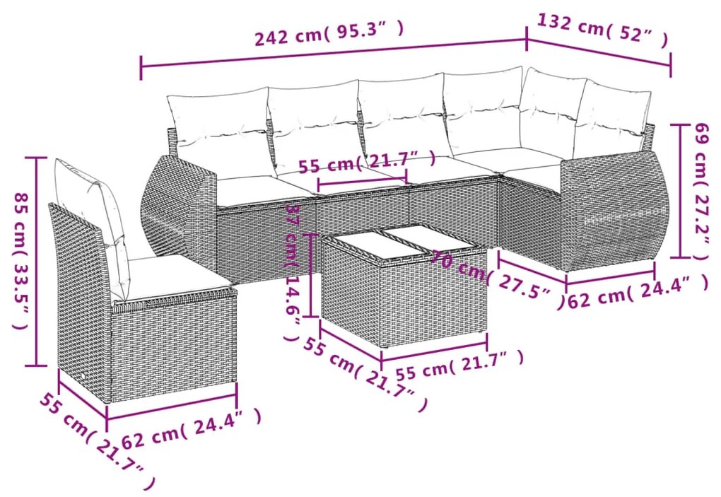 Set Divani da Giardino 7 pz con Cuscini Grigio in Polyrattan