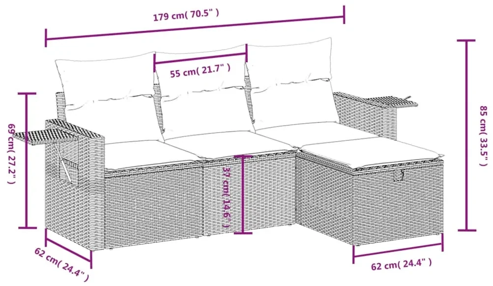 Set divani da giardino 4 pz con cuscini in polyrattan grigio