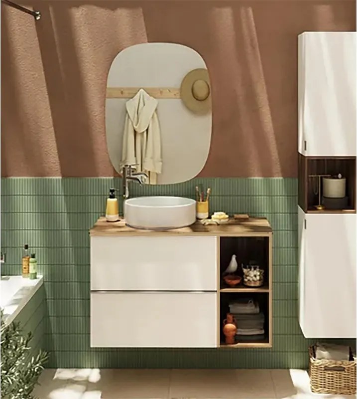 Mobile bagno sospeso con lavabo e organizer per cosmetici, top incluso L 80 x H 55 x P 45 cm bianco e miele in truciolare 2 cassetti per vasca centrale Modern