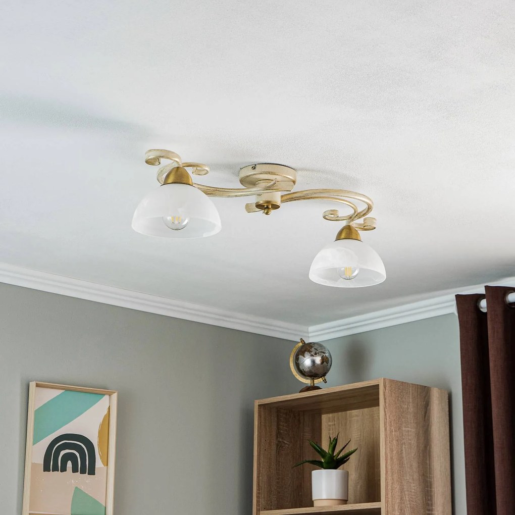 Luminex Plafoniera Flora, due paralumi in vetro, bianco/ottone