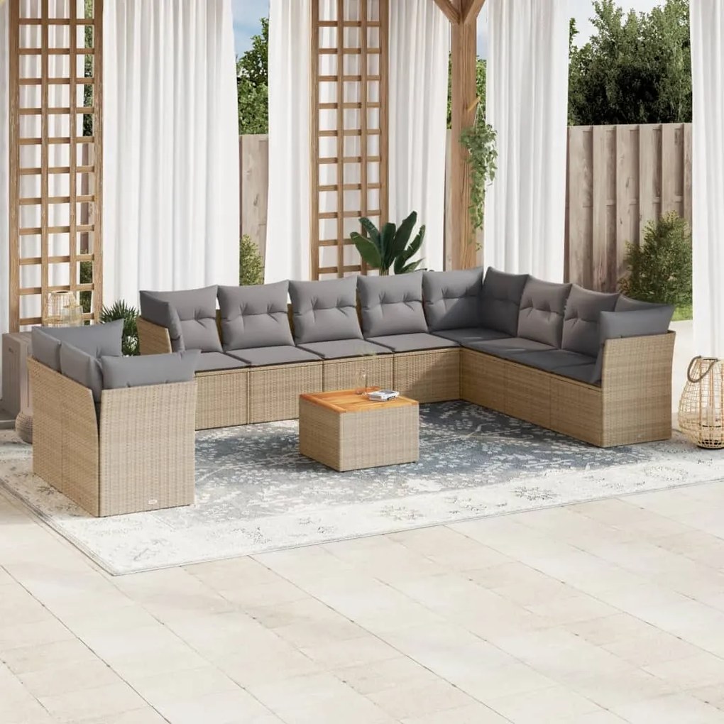 Set divano da giardino 11 pz con cuscini beige misto polyrattan