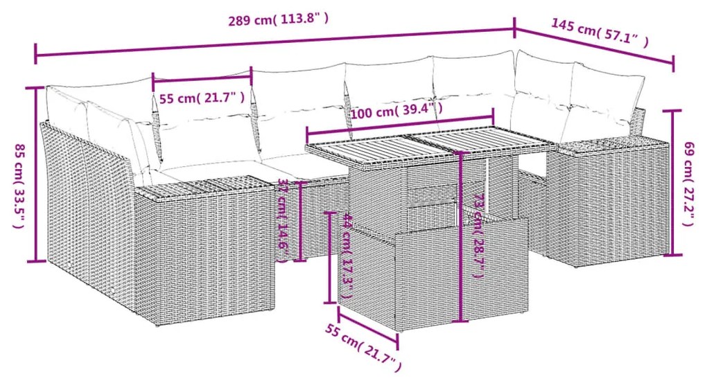 Set divani da giardino con cuscini 8 pz nero in polyrattan