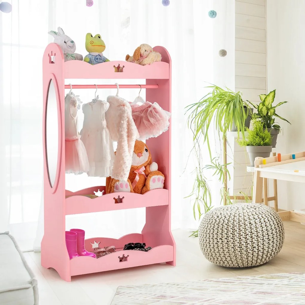 Costway Armadio con specchio e appendiabiti per bambini, Mobile organizer giocattoli e vestiti con disegni di corona Rosa