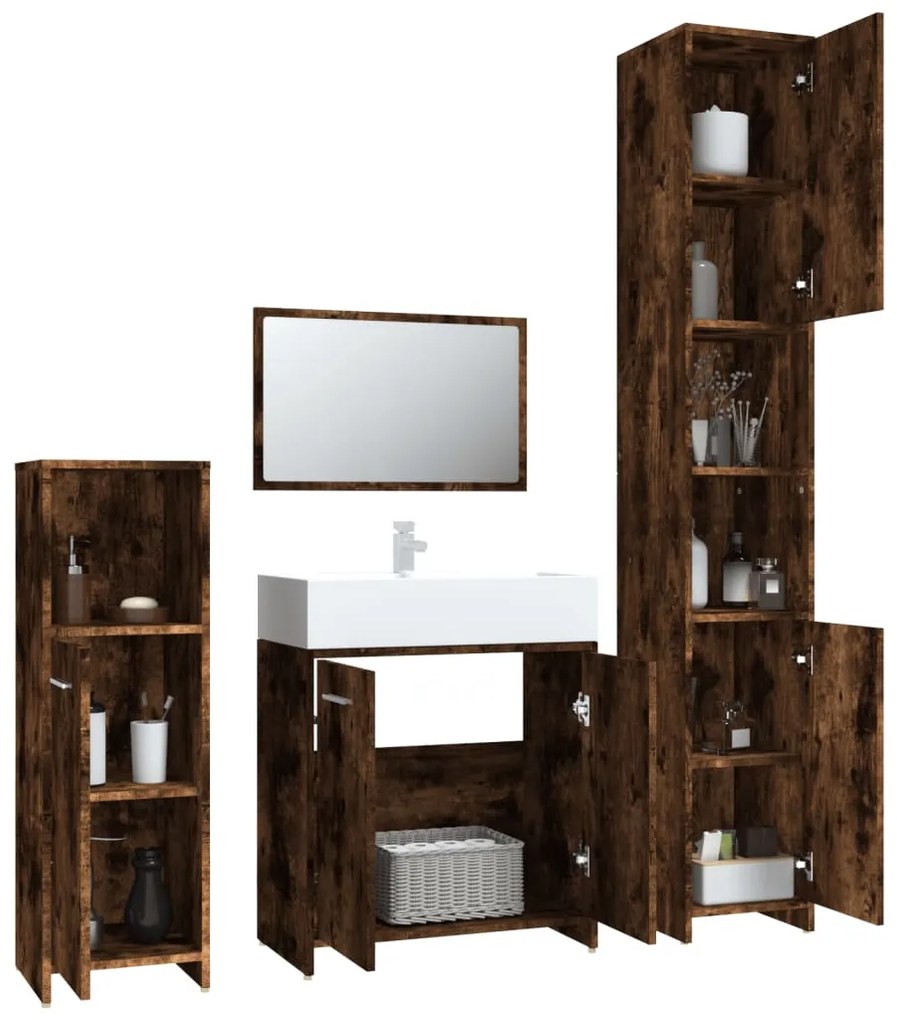 Set mobili da bagno 4 pz rovere fumo in legno multistrato