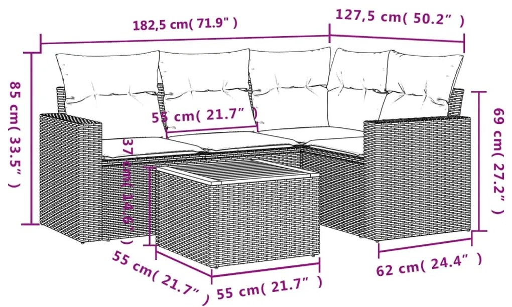 Set divani da giardino 5 pz con cuscini in polyrattan nero