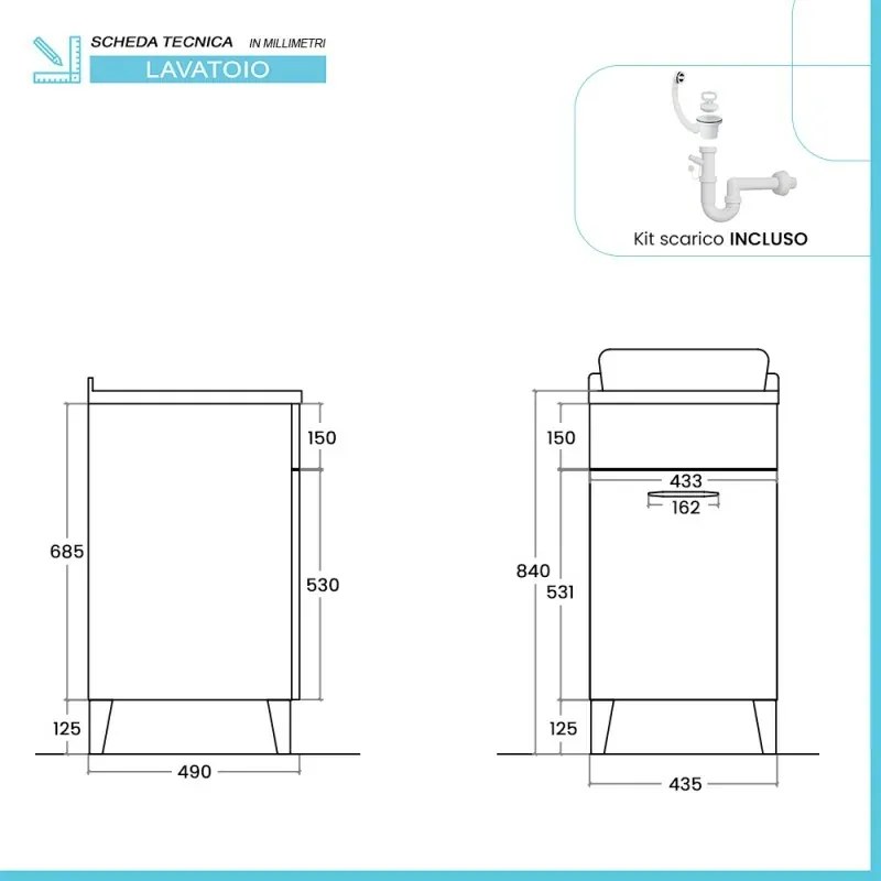 Mobile lavatoio 45x50 cm grigio calce vasca in resina e kit di scarico Moon