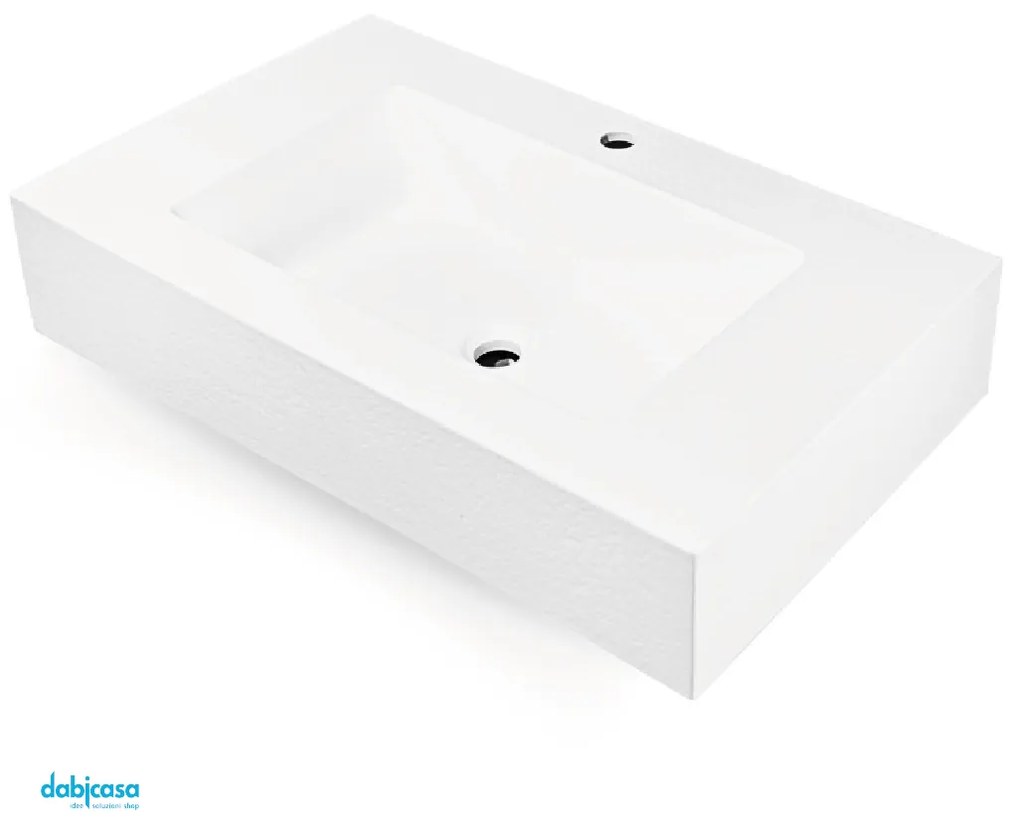 Lavabo Top Sospeso "Gaia" Da 60 Cm In MarmoResina Finitura Bianco Opaco Effetto Asfalto