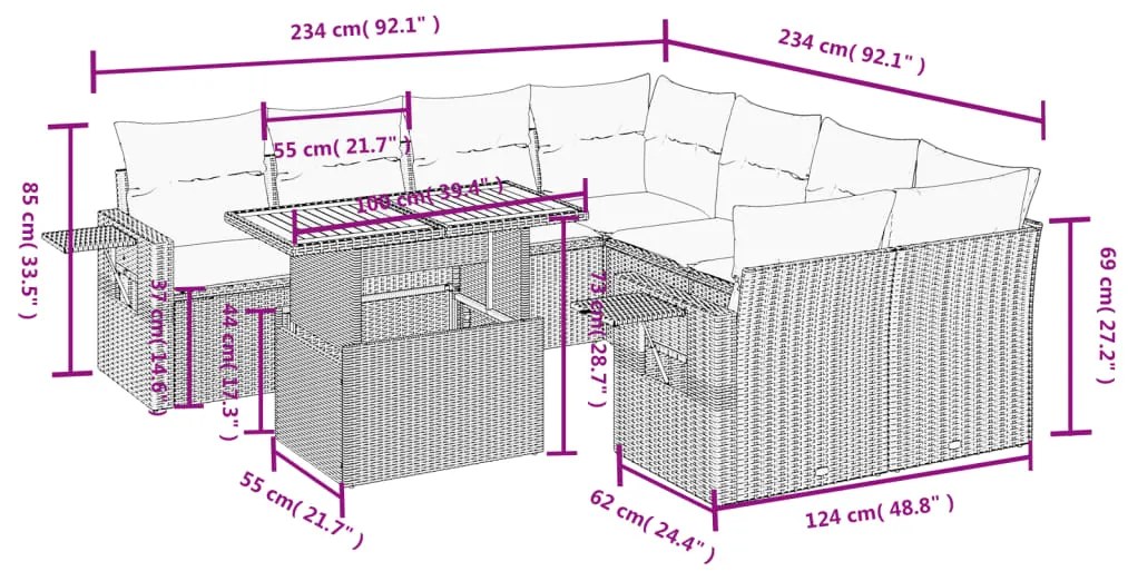 Set divano da giardino 9 pz con cuscini beige in polyrattan