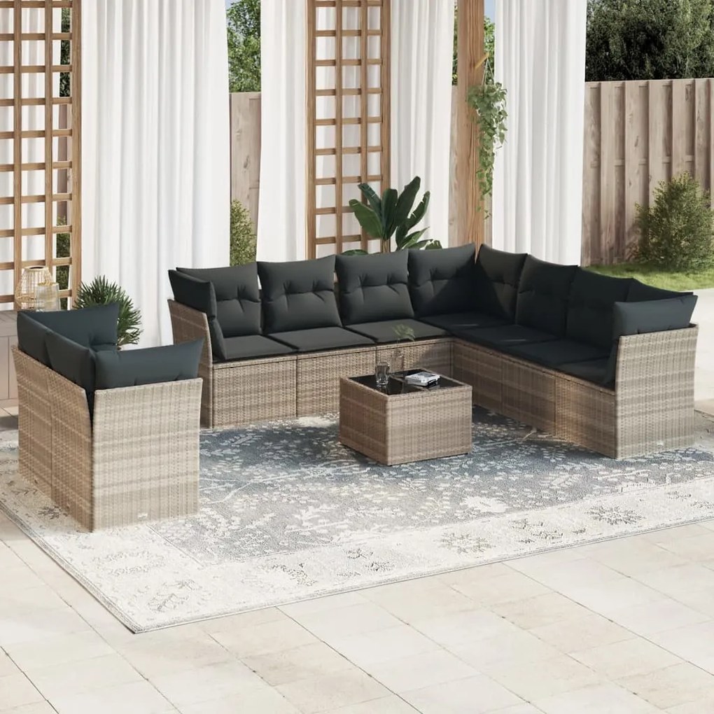 Set divano giardino 10 pz con cuscini grigio chiaro polyrattan