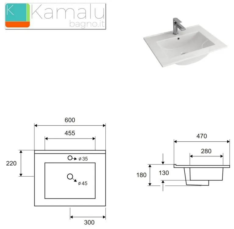 Kamalu - mobiletto lavabo 60 cm con due 2 cassetti lavabo incasso el-60l