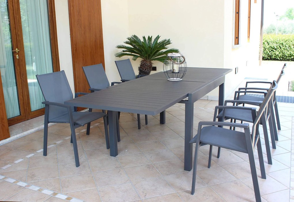 JERRI - set tavolo in alluminio cm 135/270 x 90 x 75 h con 6 poltrone Lotus