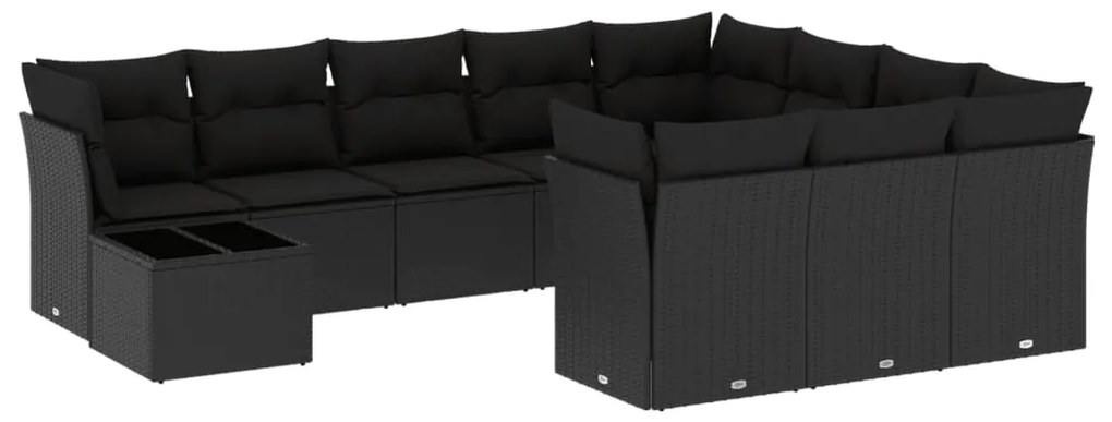 Set divani da giardino 11 pz con cuscini in polyrattan nero