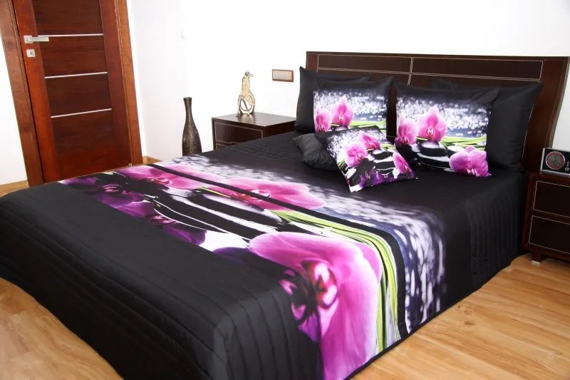 Copriletto nero con motivo orchidea 3D Larghezza: 220 cm | Lunghezza: 240 cm