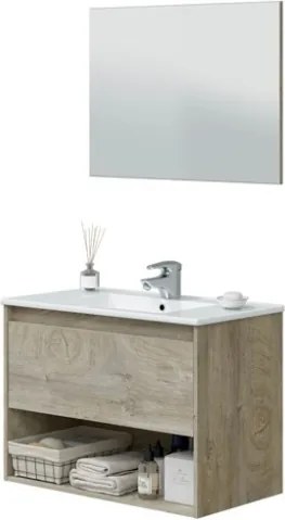 Mobile Bagno Sospeso 80 cm Con Lavabo Specchio Vano Giorno E Cassettone Rovere Alaska VAN