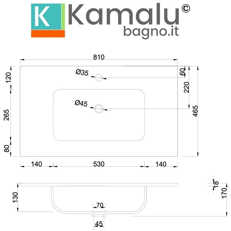 Kamalu - Lavabo da incasso 81cm per mobile | Litos-K7080